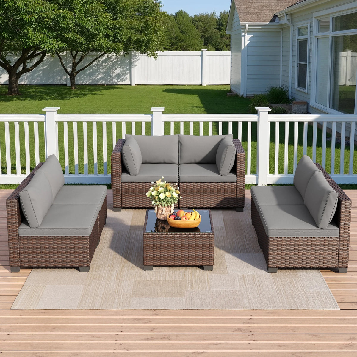 7 Piece Outdoor Patio Furniture Set, Asofer Rattan Wicker Outdoor Conversation Sectional Sofa Set, Gray