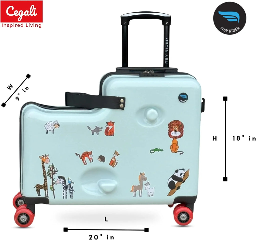 Cegali 2025 Itsy Rider 20" Ride-on Suitcase for Kids with Double Spinner Red Wheels (Green Safari)