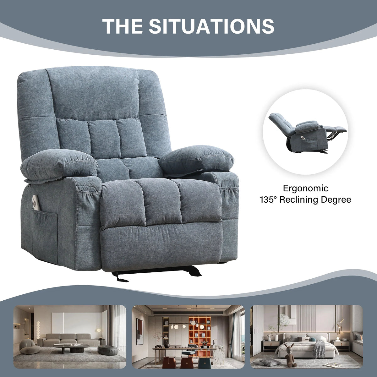 JONPONY Massage Swivel Rocker Recliner Chair with Vibration Massage and Heat Ergonomic Lounge Chair for Living Room with Rocking Function and Side Pocket, 2 Cup Holders, USB Charge Port,Grey