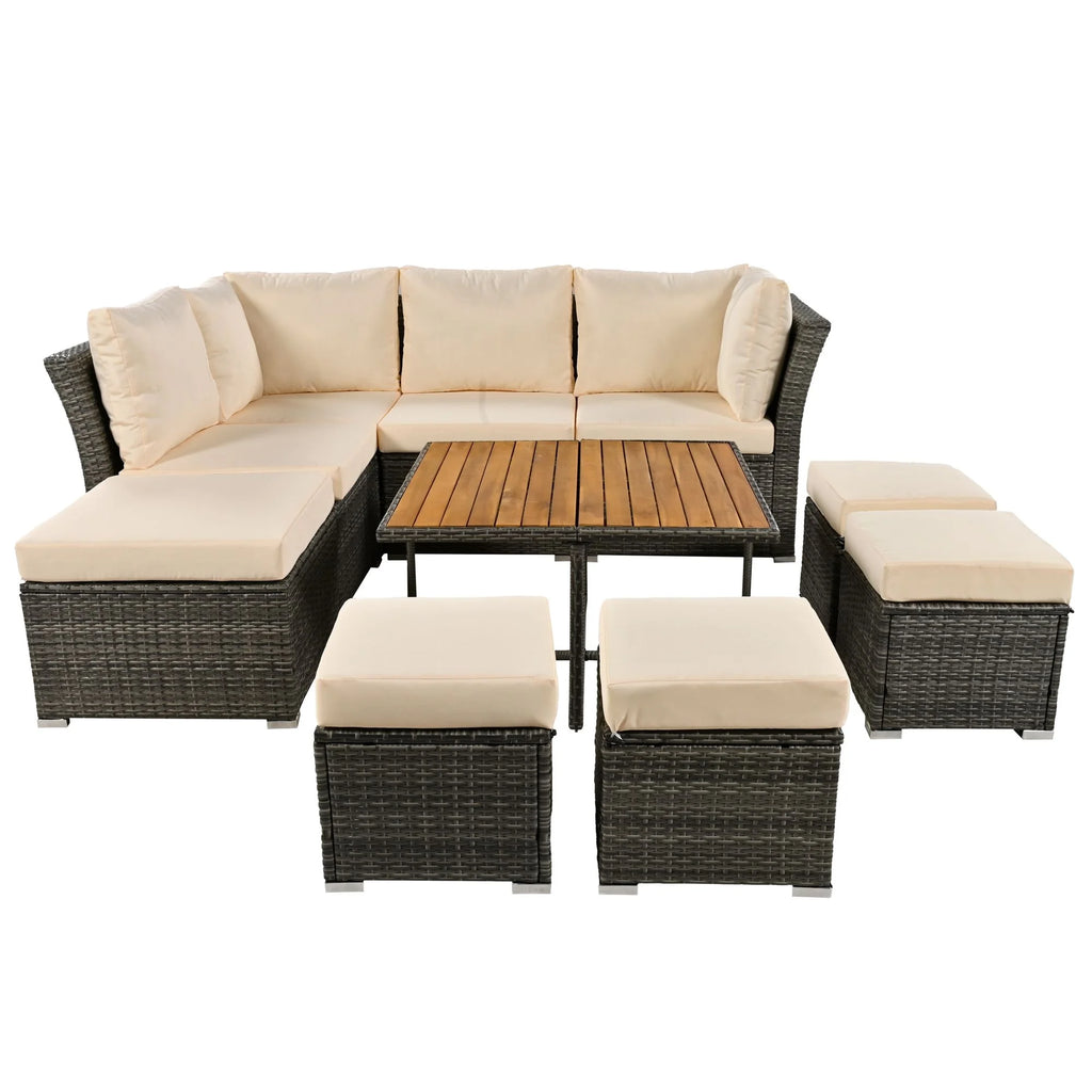 9 Pieces Outdoor Patio Furniture Set Outdoor Sectional Rattan Sofa Set Manual Wicker Patio Conversation Set with Ottomans, Solid Wood Coffee Table for Yard Deck Porch(Grey)