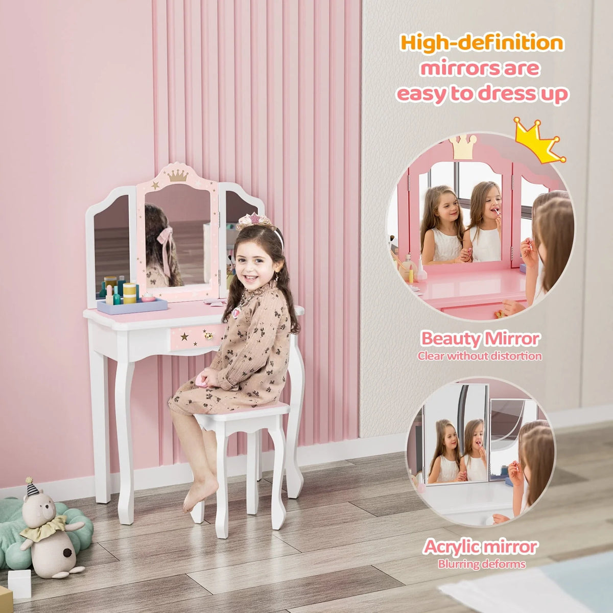 JOYMOR Kids Vanity Table and Stool for Makeup Dressing with Mirrors Drawers, White