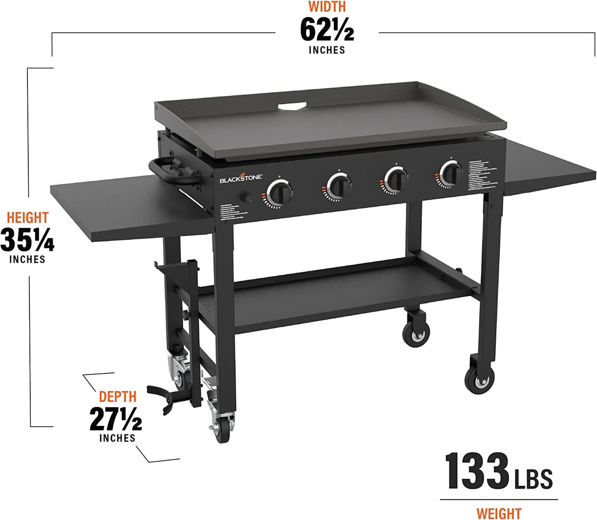 36 Inch Gas Griddle Cooking Station 4 Burner Flat Top Gas Grill Propane Fuelled Restaurant Grade Professional 36 Outdoor Griddle Station with Side Shelf (1554)