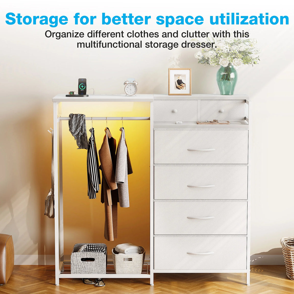 Dresser for Bedroom with Clothes Rack, 6 Drawers Dresser with Charging Station & LED Lights, White Storage Chest of Shelf for Bedroom, White