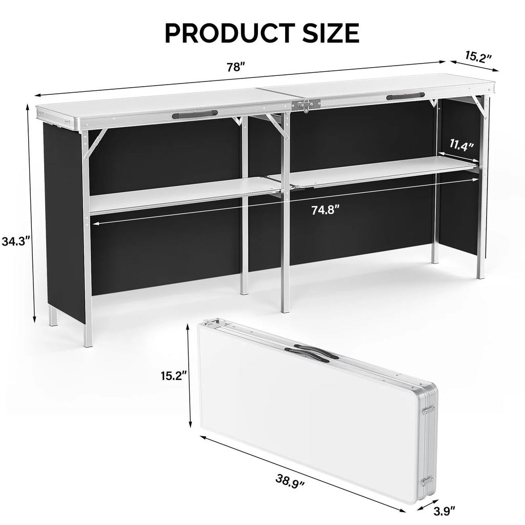 Ktaxon 78" Foldable Bar Table, Mobile Bar with 3-Tier Shelves & Carry Bag - Perfect for Events, Parties, Camping, Picnics, Tradeshows, and Both Outdoor/Indoor Use (Comes with Black Skirt, Black)