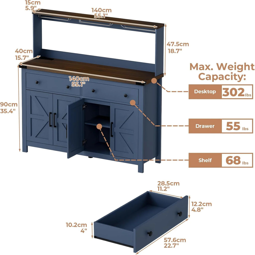 Winkalon Coffee Bar Cabinet with Hutch, 55" W Kitchen Buffet Sideboard Cabinet with 2 Drawers & USB Power Station, Black