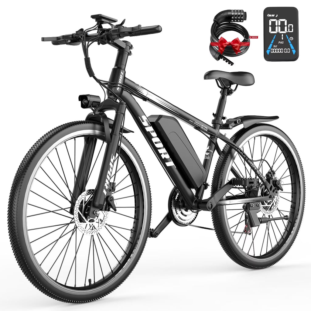 26" Electric Bike for Adults with Peak 750W Brushless Motor, 35Miles 22MPH Commuting Electric Mountain Bike with 36V 10AH Removable Battery, 7-Speed, Front Fork Suspension