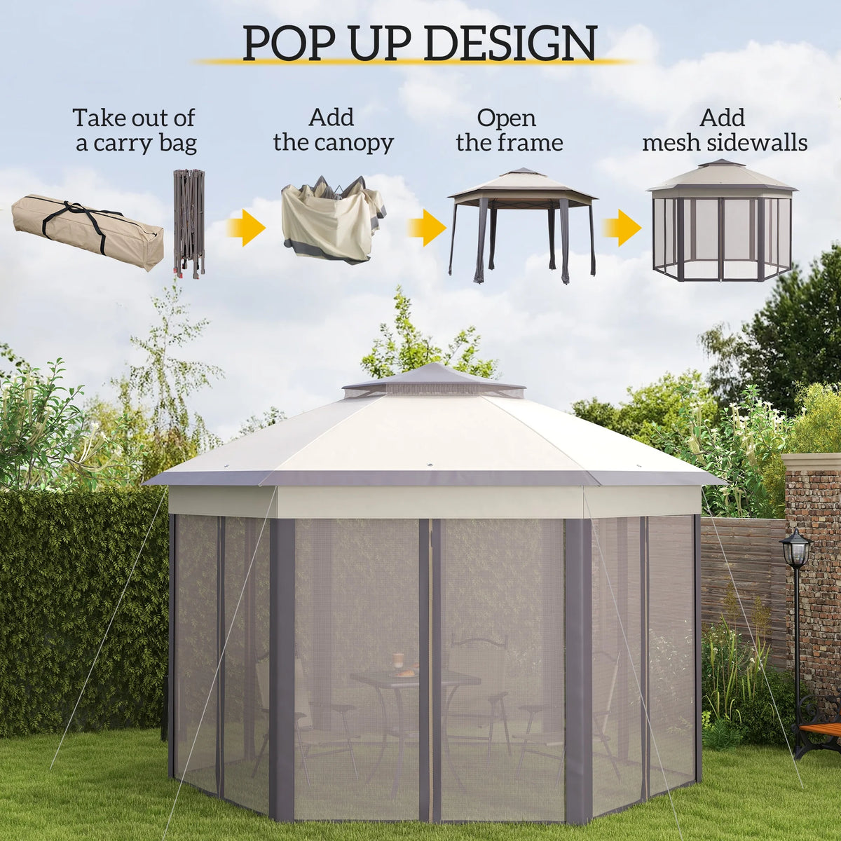 Outsunny 13' x 13' Pop Up Gazebo Hexagonal Canopy with 6 Zippered Mesh Netting, 2-Tier Roof Event Tent with Steel Frame for Patio Backyard, Gray