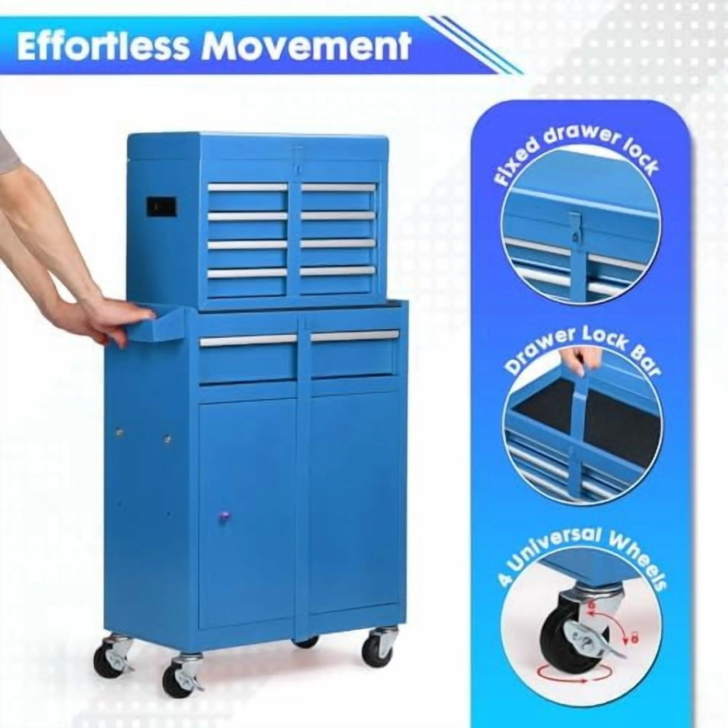 8-Drawer Rolling Tool Chest with Detachable Top Tool Box, Lockable Metal Tool Cabinet, and Liner, Heavy-Duty Storage Organizer with Wheels and 6 Hooks for Garage, Workshop, Green