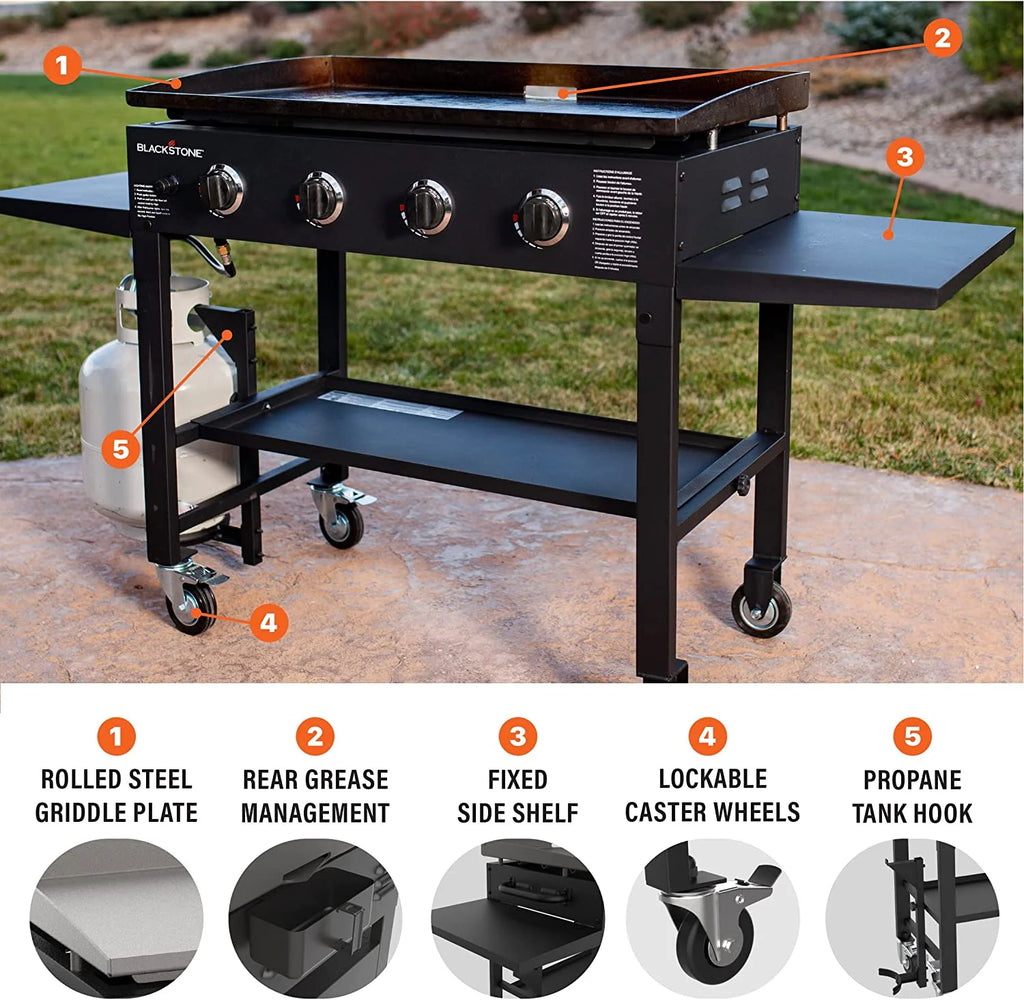 36 Inch Gas Griddle Cooking Station 4 Burner Flat Top Gas Grill Propane Fuelled Restaurant Grade Professional 36 Outdoor Griddle Station with Side Shelf (1554)