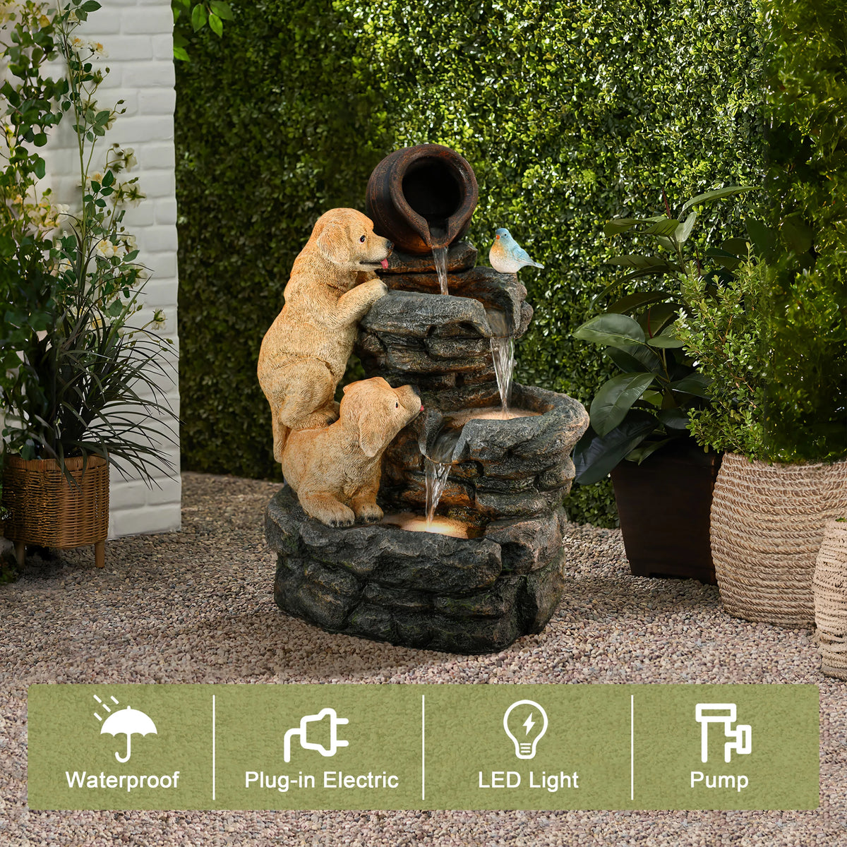 LuxenHome Outdoor Water Fountain, 26" Puppy and Rock Resin Water Fountains Indoor with LED Lights