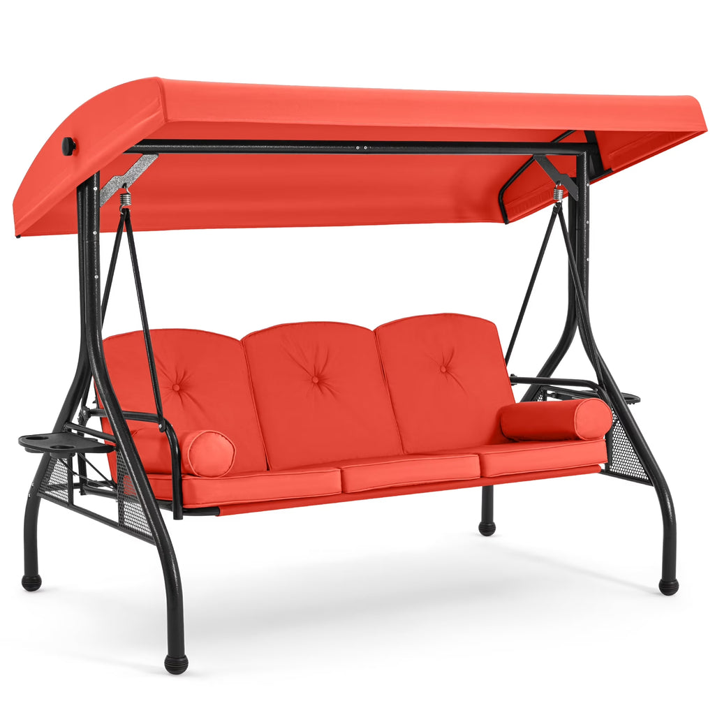 Homrest 3 Seat Outdoor Porch Swing with Adjustable Canopy, Cushions, and Cup Holder - Wine Red