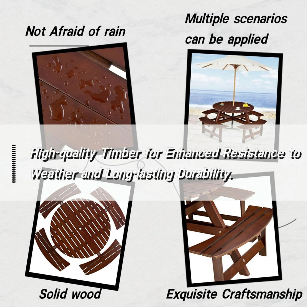 8 Person Wood Picnic Table, Outdoor Round Picnic Table with 4 Built-in Benches, Umbrella Hole, Outside Table and Bench Set for Patio, Backyard, 500lbs Capacity Per Bench