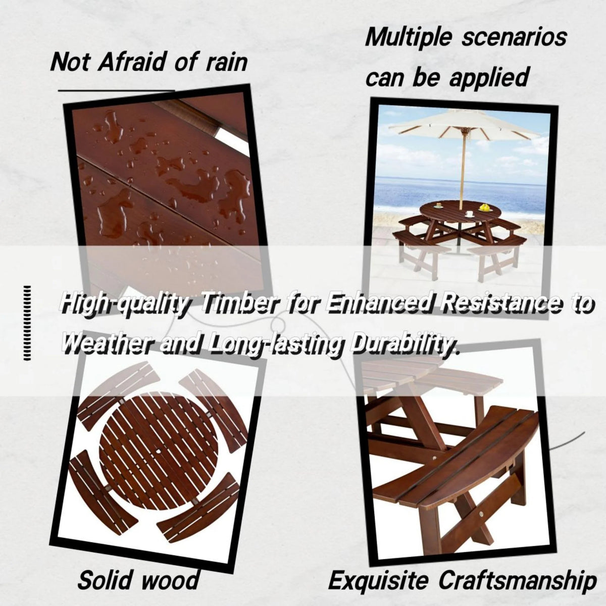 8 Person Wood Picnic Table, Outdoor Round Picnic Table with 4 Built-in Benches, Umbrella Hole, Outside Table and Bench Set for Patio, Backyard, 500lbs Capacity Per Bench