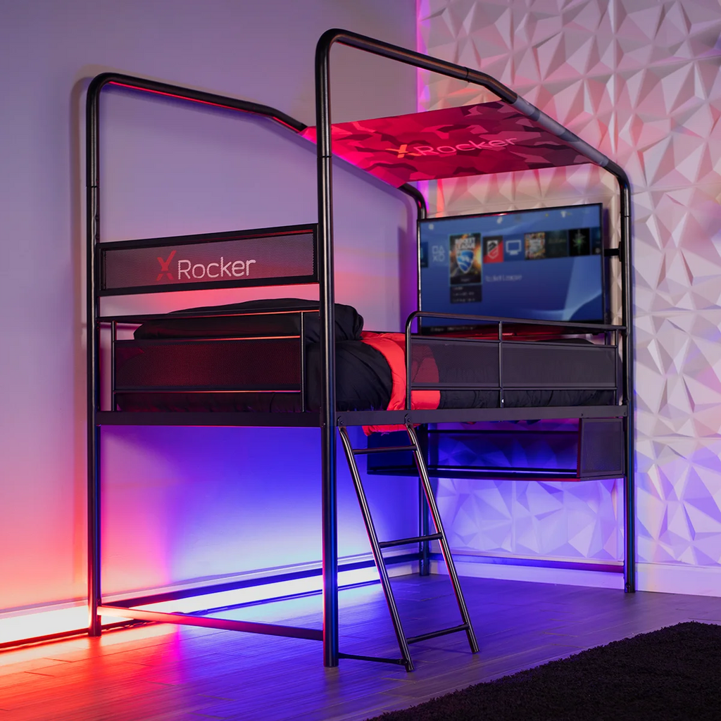 X Rocker Contra Mid-Sleeper Gaming Bed with TV Mount, Black, Twin, Children, Teen, 74.88 H