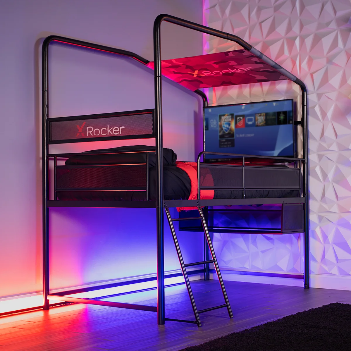 X Rocker Contra Mid-Sleeper Gaming Bed with TV Mount, Black, Twin, Children, Teen, 74.88 H