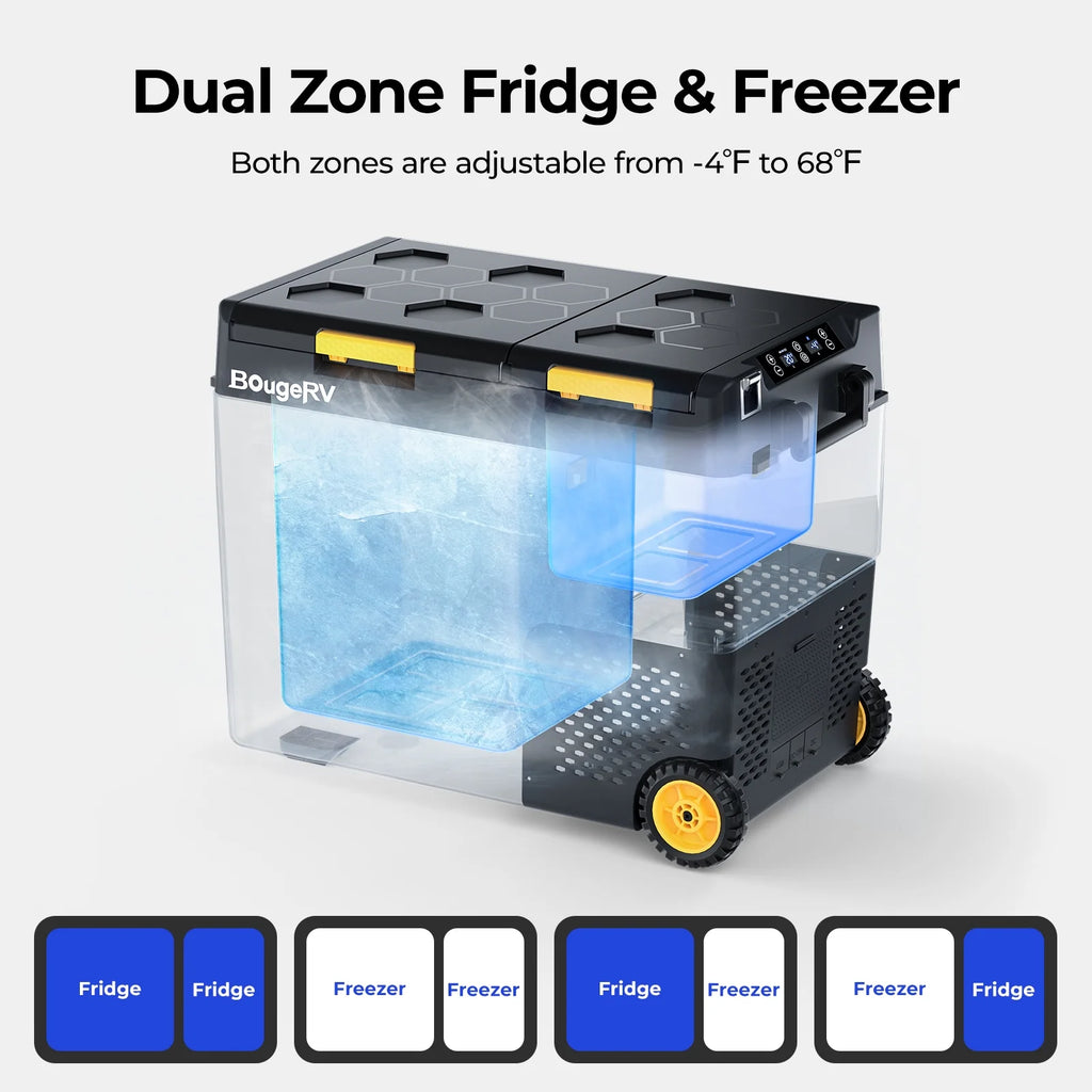 BougeRV Car Refrigerator 61QT Dual Zone, 12 Volt Portable Freezer Fridge with Wheels, APP Control Compressor Refrigerator 12V/24V DC for RV Truck Vehicle Boat Outdoor Travel Camping Trip Use