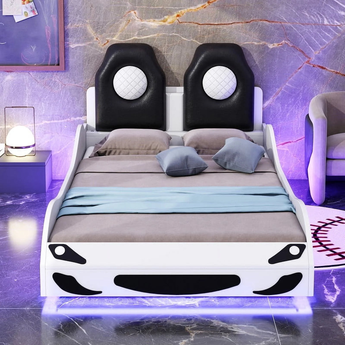 Bellemave Race Car Bed with LED Lights, Twin Size Bed Frame for Boys Kids Toddler Bed, Wooden Platform Racing Car Bed with Upholstered Backrest Headboard, No Box Spring Needed（White)