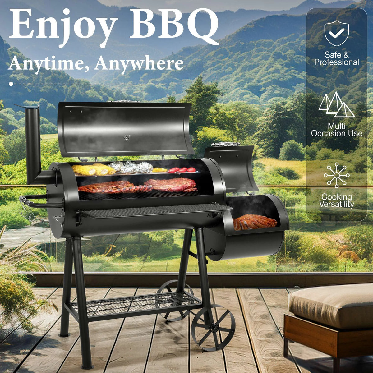 Summit Living Charcoal Grill with Offset Smoker 941 sq.in. Extra Large BBQ Grill Black