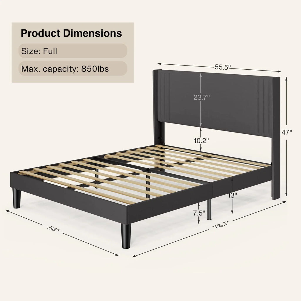 Full Size Bed Frame, Bed Frame with Wingback Headboard Hold 850 lbs, Dark Gray