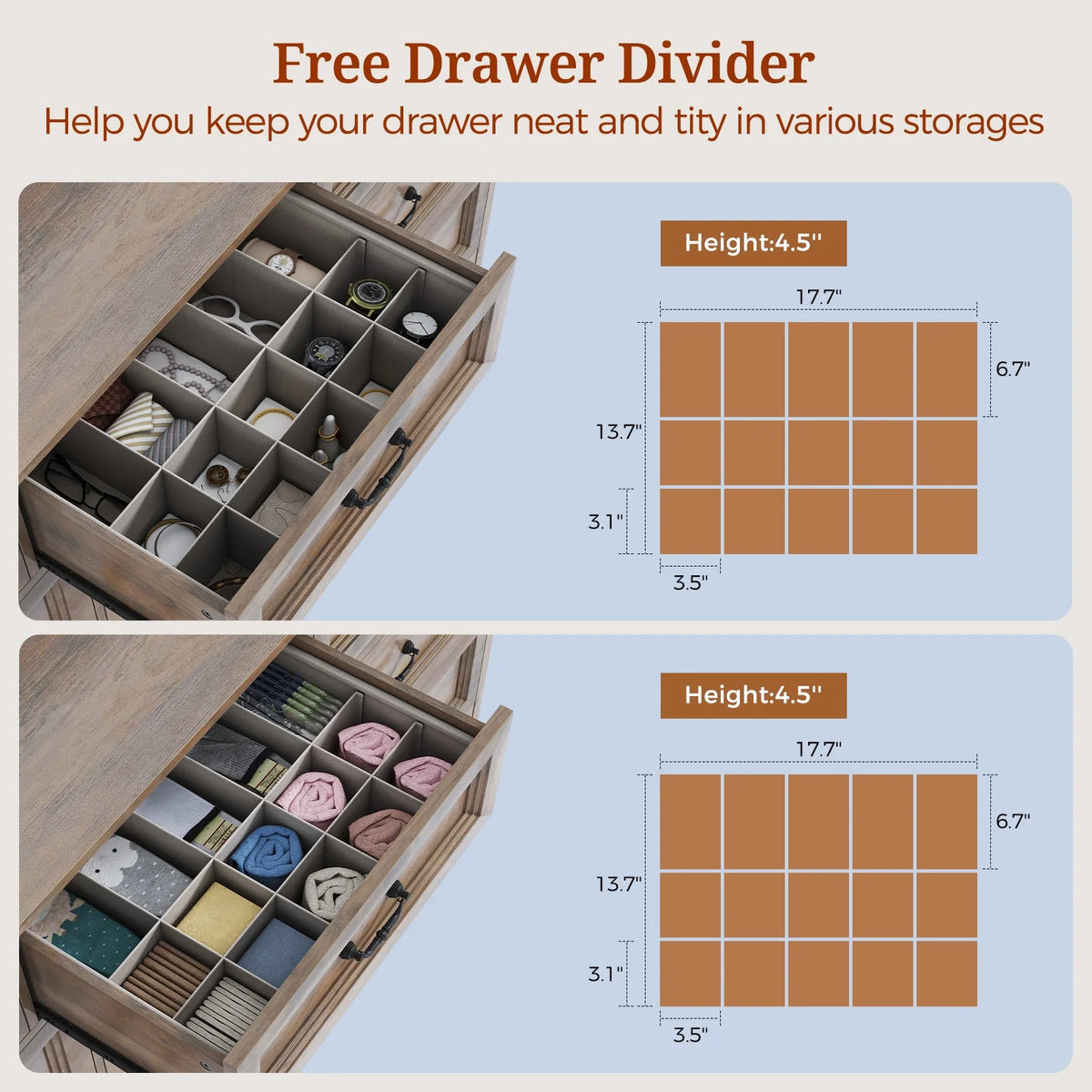 63" Wide Farmhouse 7-Drawer Dresser with 2 Laundry Hamper for Bedroom,Chest of Drawers, Gray Finish, Vintage Black Handles, Living Room Storage Cabinet,Gray