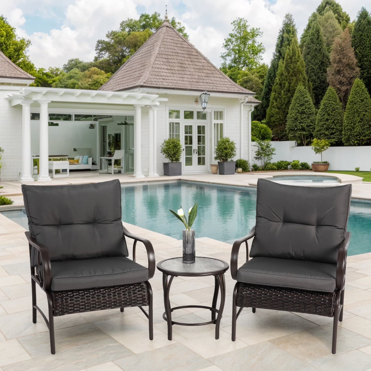 Villeston 3 Piece Outdoor Wicker Conversation Patio Set, with 2 Chairs, Table for Porch Garden,Blue