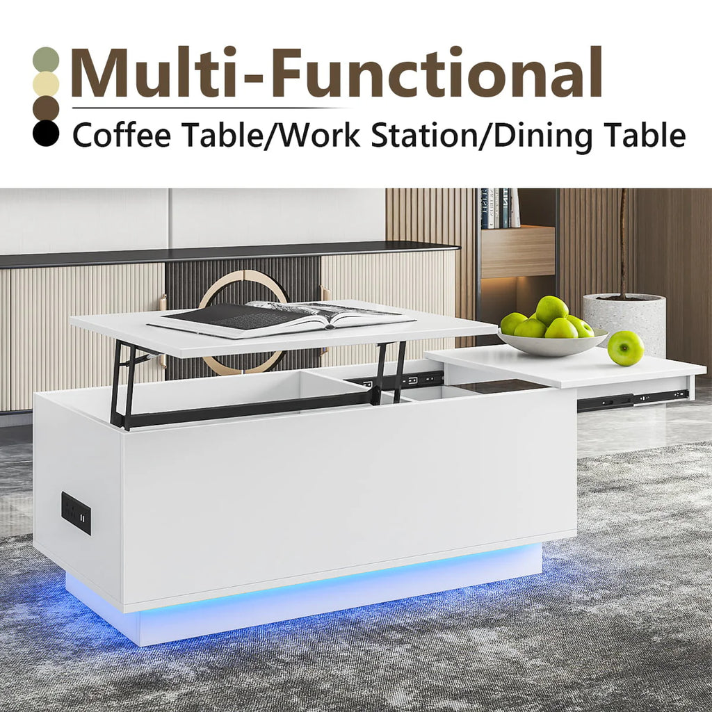LED Coffee Table Lift Top End Table with with Charging Station and Storage Space Modern Rectangle Cocktail Tables Sofa Side Dining Table
