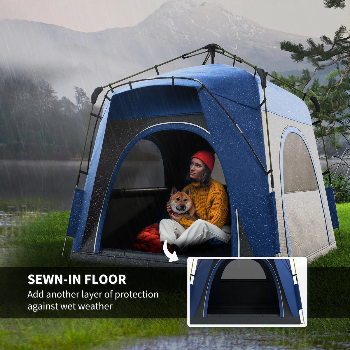 Outsunny Camping Tents 4 Person Pop Up Tent w/ Windows, Doors, Blue