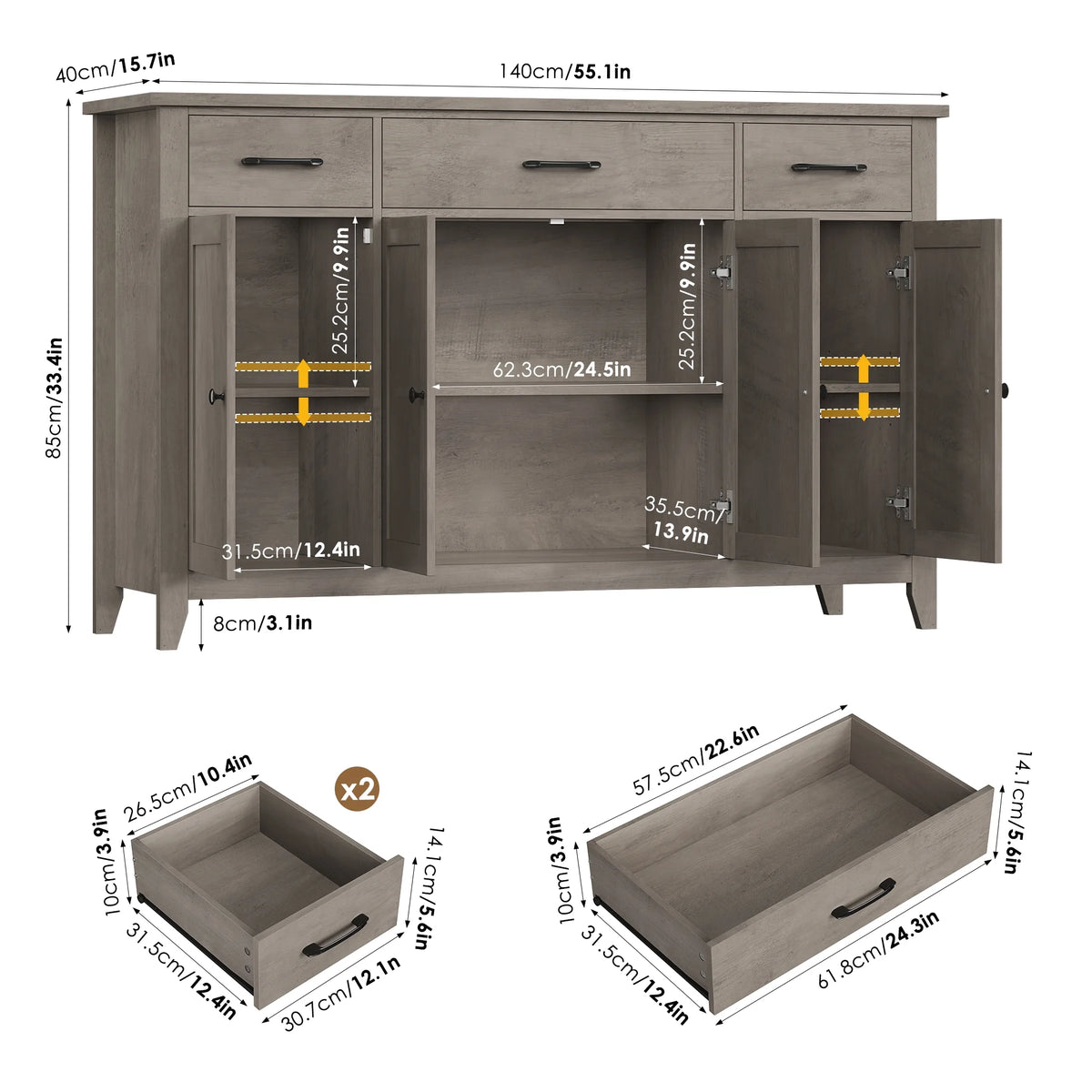 Hiphuta 55"Wide Buffet Cabinet with 2 Adjustable Shelves, Modern Farmhouse Coffee Bar with 3 Drawers and Sturdy Base for Living Room, White