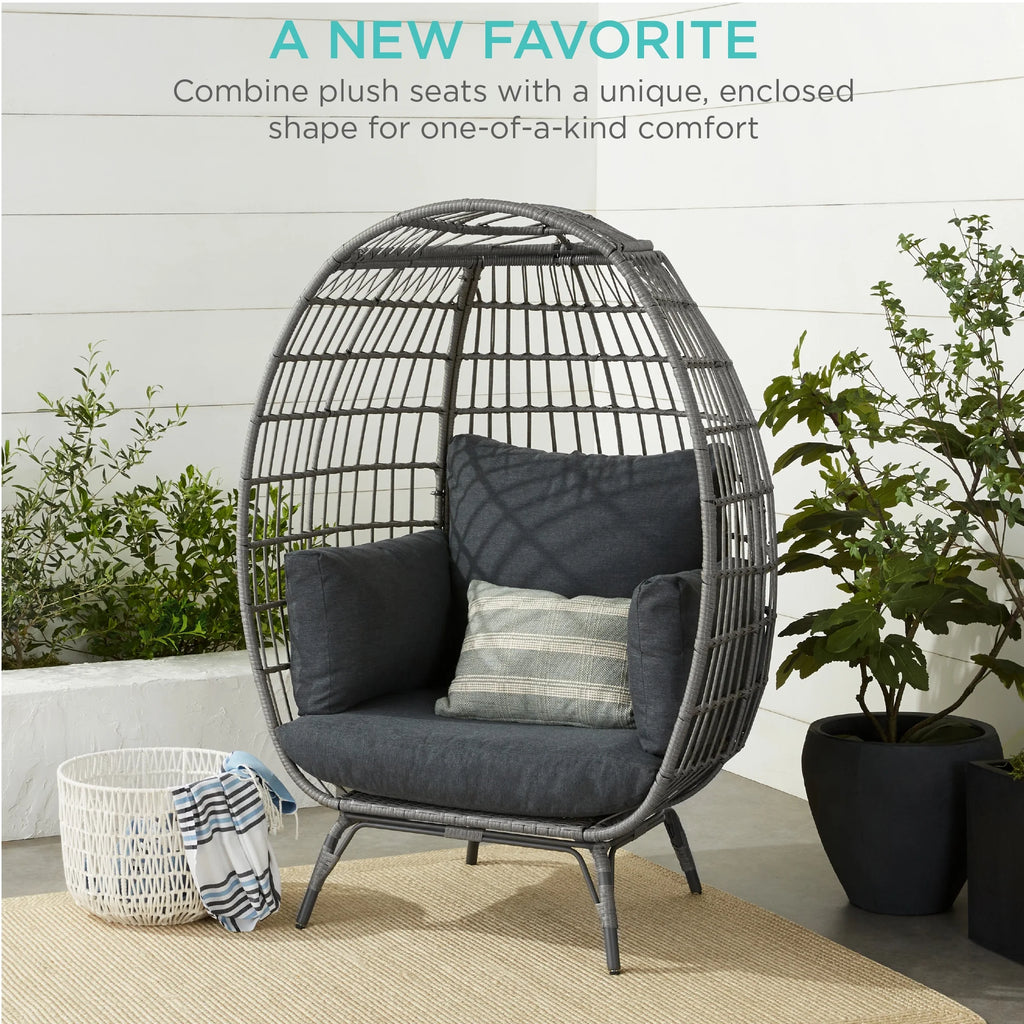 Best Choice Products Wicker Egg Chair Oversized Indoor Outdoor Patio Lounger w/ Steel Frame, 440lb Capacity - Black