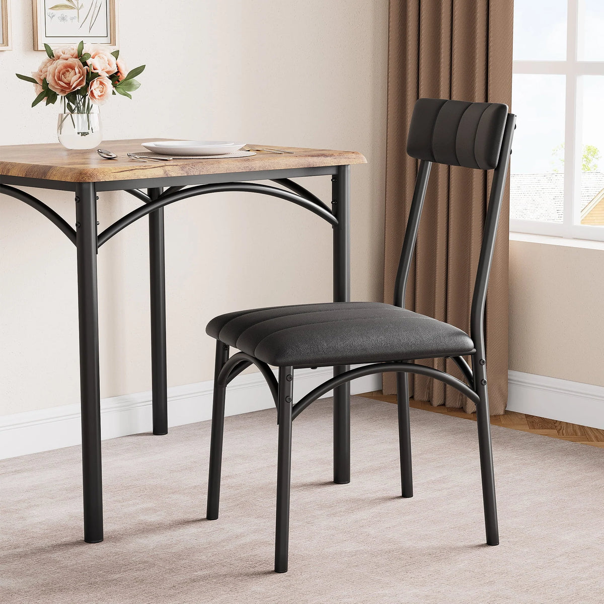 Yesfashion 3 Piece Dining Table Set, Kitchen Table and Chairs for 2, Metal and Wood Square Dining Room Table Set with 2 Upholstered Chairs