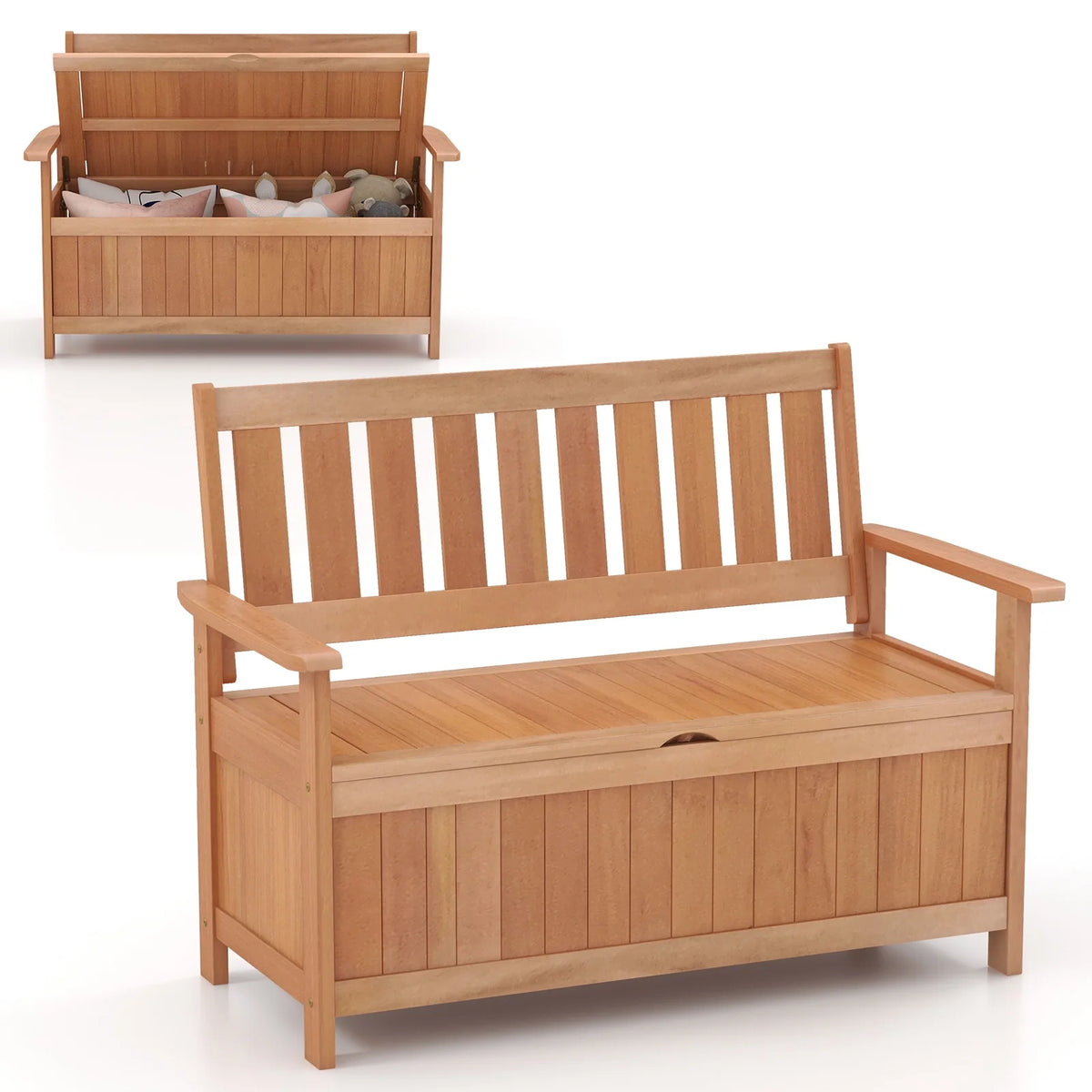 Gymax 48'' Storage Bench Wood Loveseat w/ Slatted Backrest for Backyard Patio