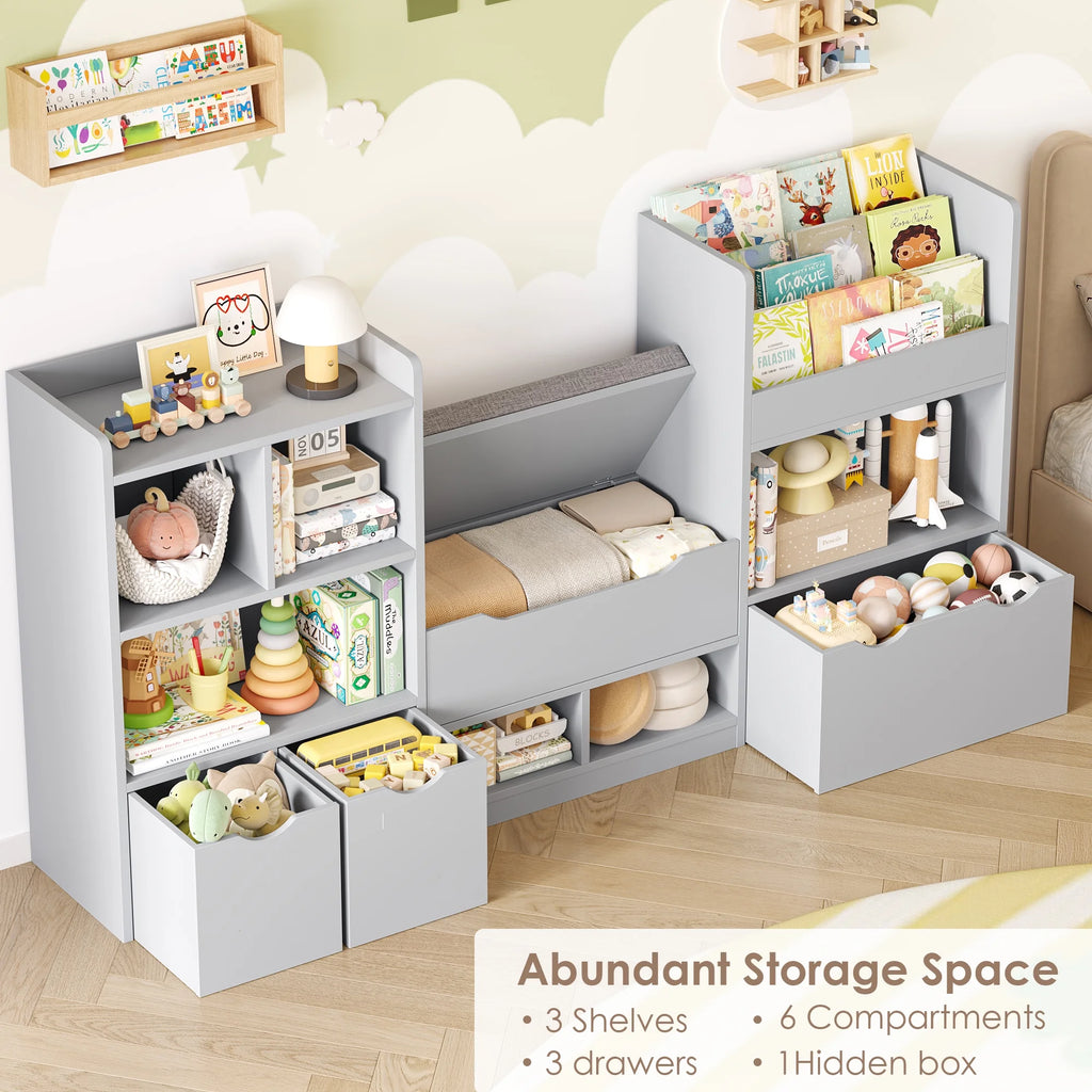 Hiphuta 72"Wide Kids Bookcase with Reading Nook and Under Bench Storage, Wooden Toy Storage Organizer & Book Rack for Kids Room, White