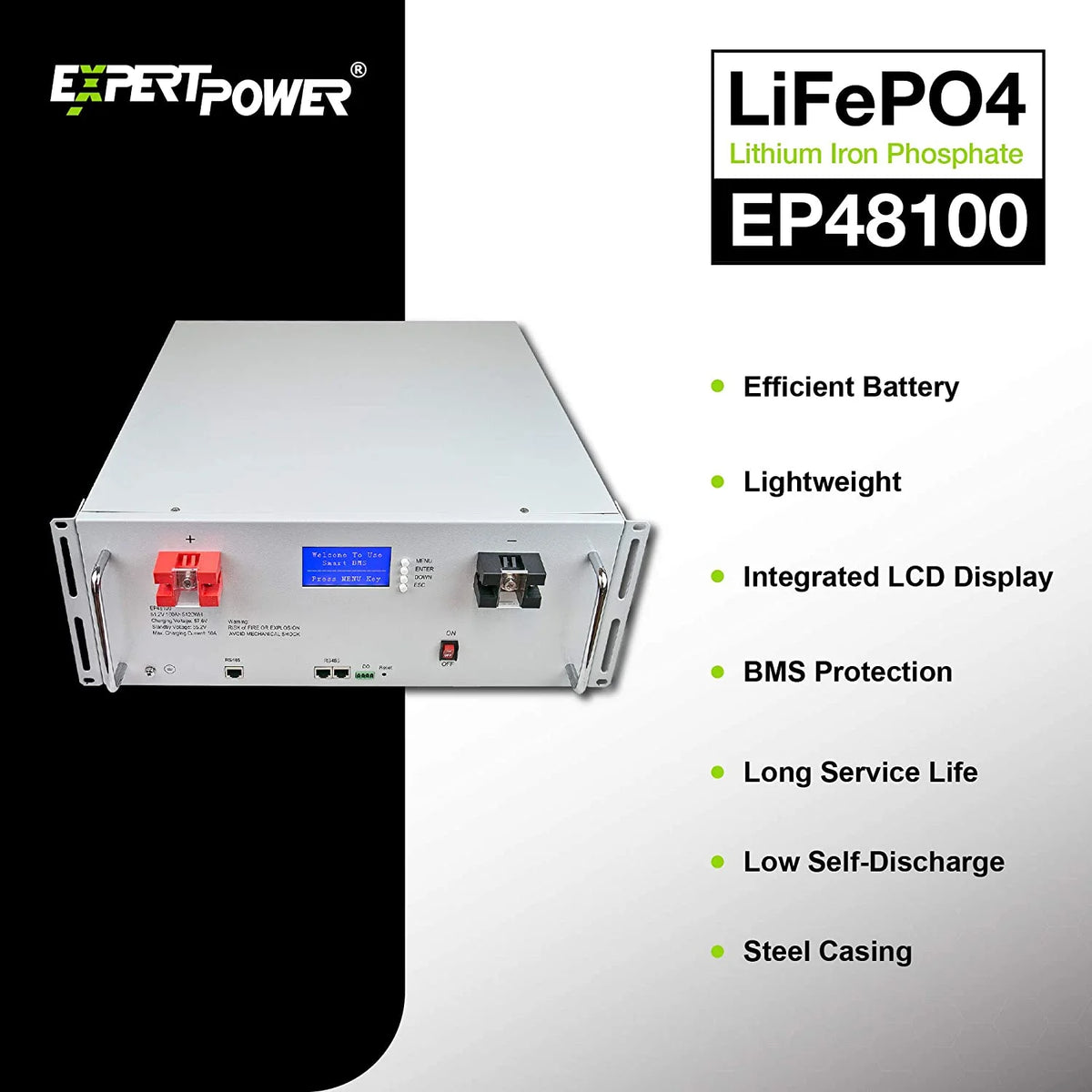 ExpertPower 48V 100Ah 5KWh Lithium LiFePO4 Deep Cycle Rechargeable Battery | 2500 - 7000 Life Cycles & 10-Year lifetime | Built-in BMS & LED Monitor | RV, Solar, Marine, Overland, Off-Grid