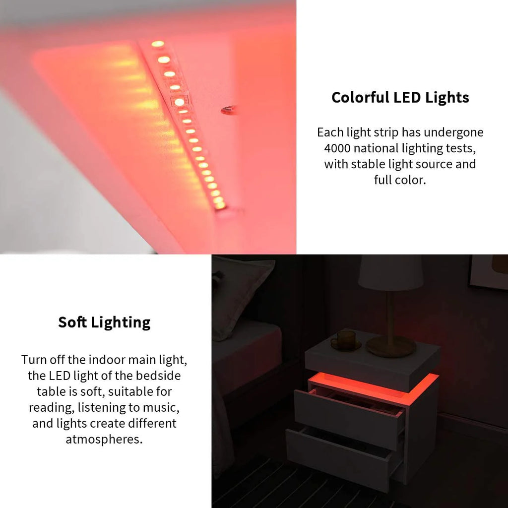 Hommpa 2 Drawer Modern Nightstand with RGB LED Light High Gloss Bedside Tables for Bedroom White