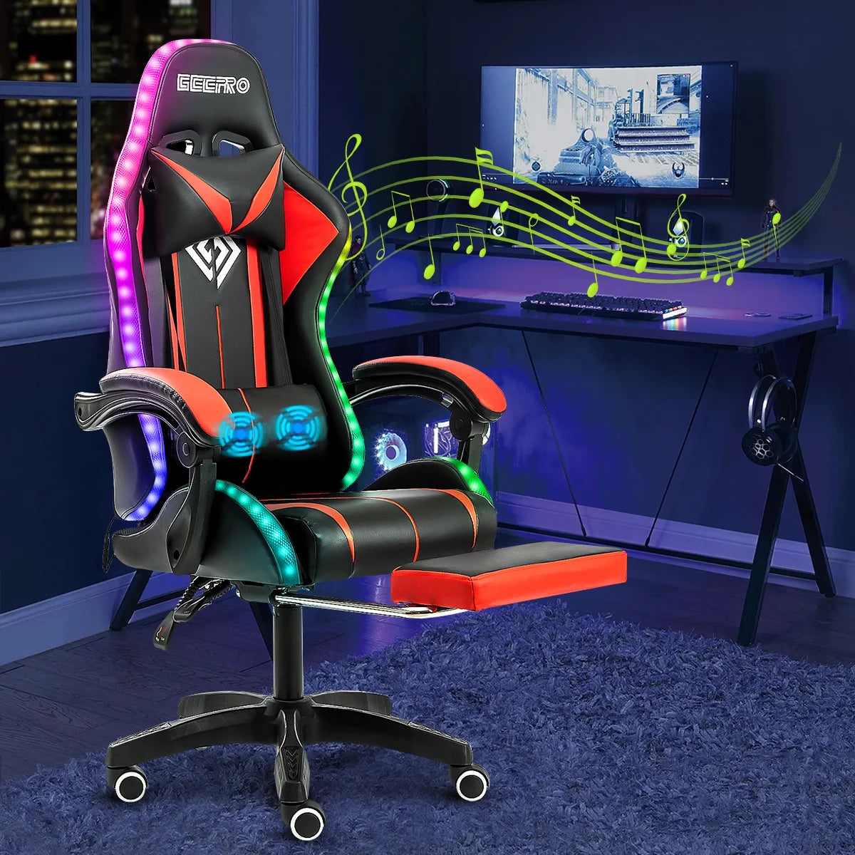 Hoffree Gaming Chair with Bluetooth Speakers and Footrest Massage Office Chair with LED Lights Ergonomic Game Chair High Back with Lumbar Support and Headrest Adjustable Swivel for Adults 300lb