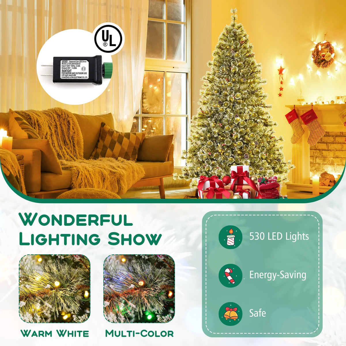 Costway 9 FT Artificial Christmas Tree with  360 Quick Power Connector 1714 Pine Needles