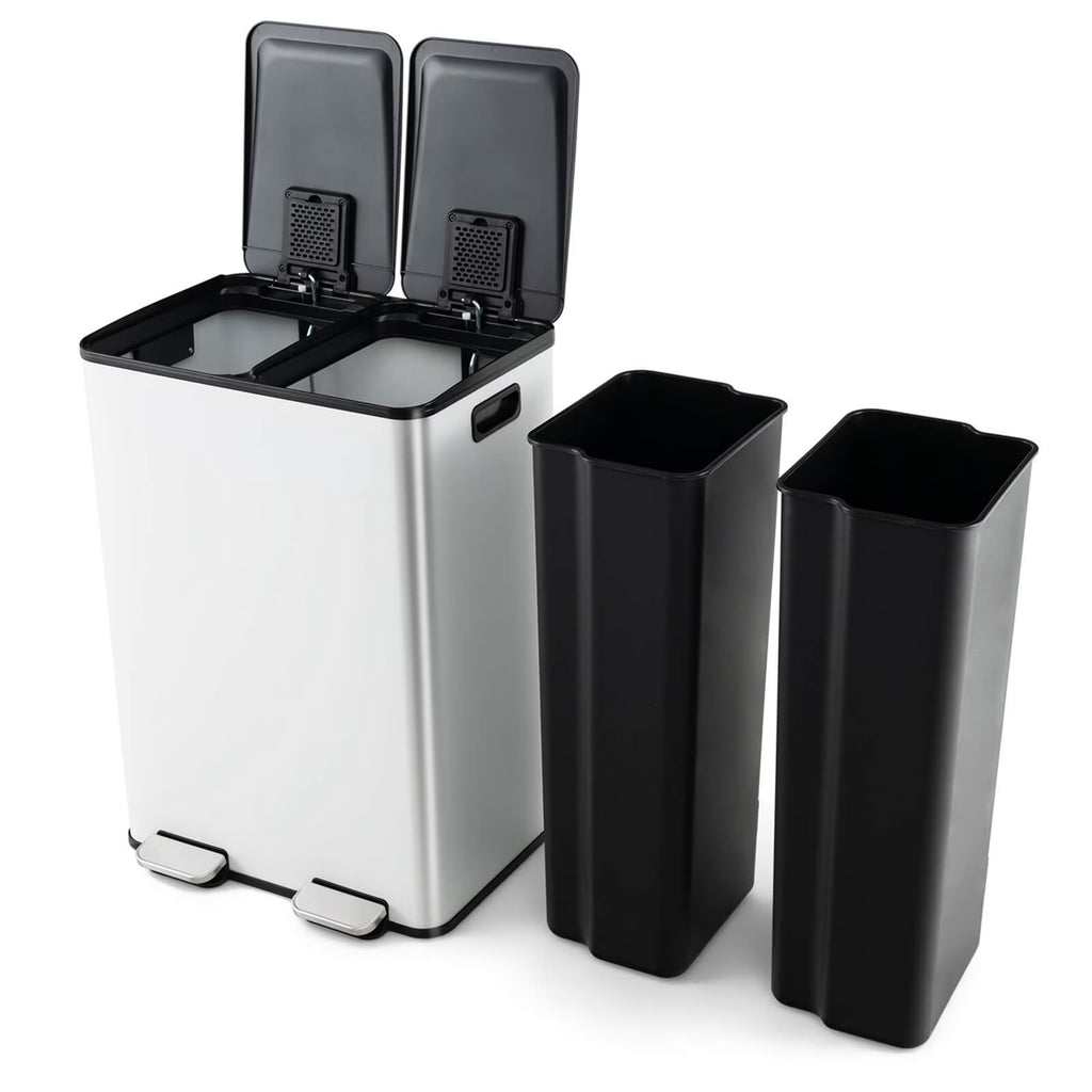 Costway 16 Gallon Dual Step Trash Can Recycle Bin Stainless Steel Bucket Pedal Silver