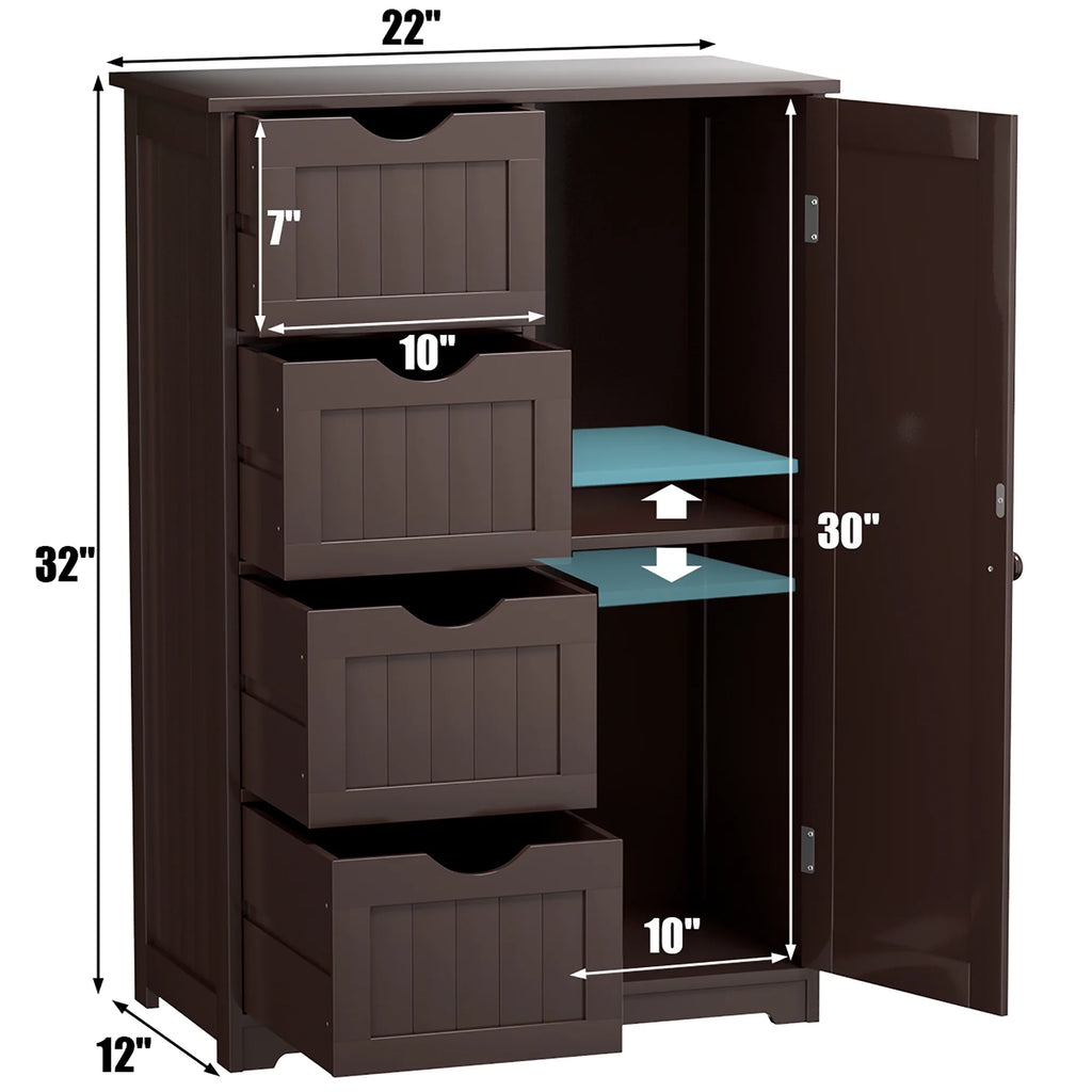 Bathroom Storage Wooden 4 Drawer Cabinet Cupboard 2 Shelves Free Standing White