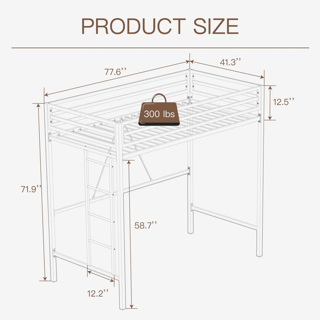 Einfach Metal Twin Size Loft Bed with Removable Ladder & Full-Length Guardrail, White
