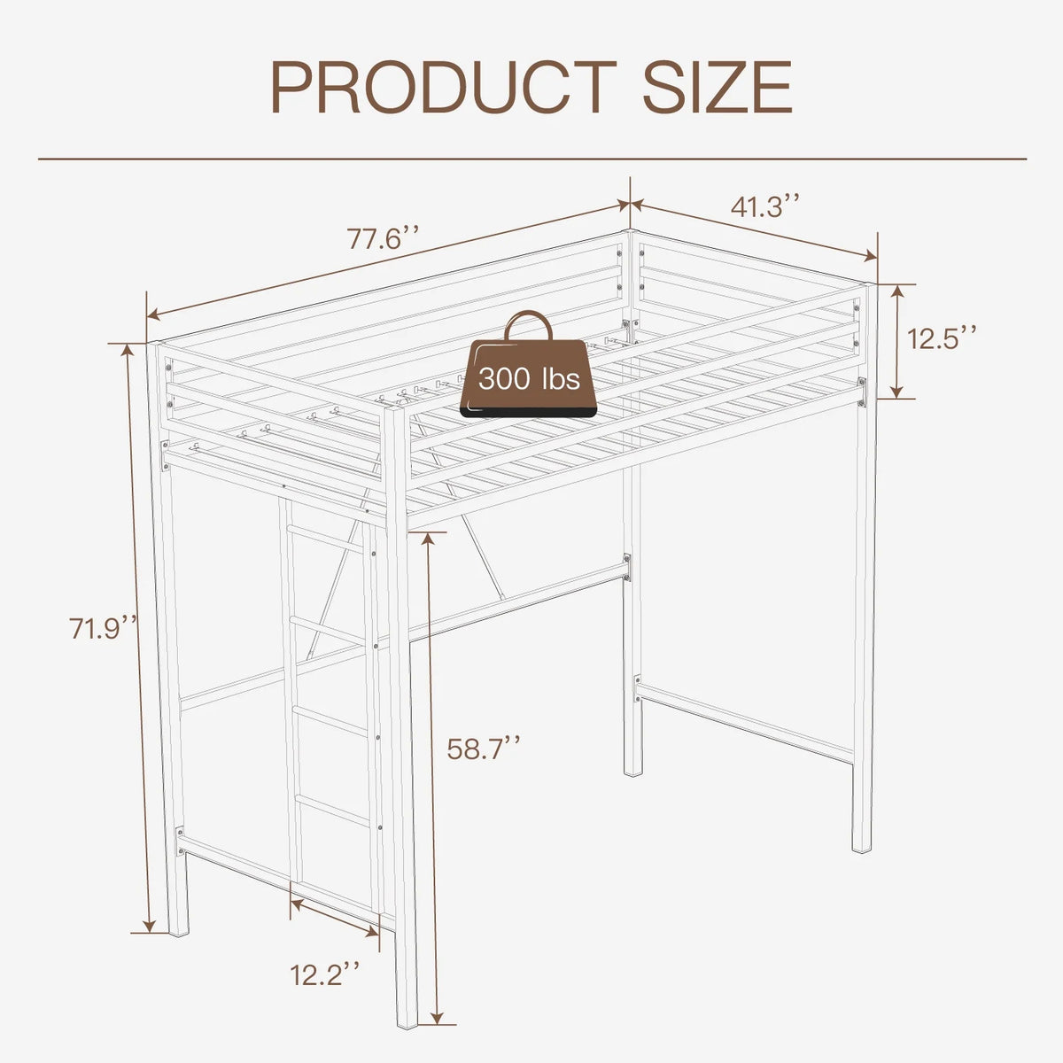 Einfach Metal Twin Size Loft Bed with Removable Ladder & Full-Length Guardrail, White