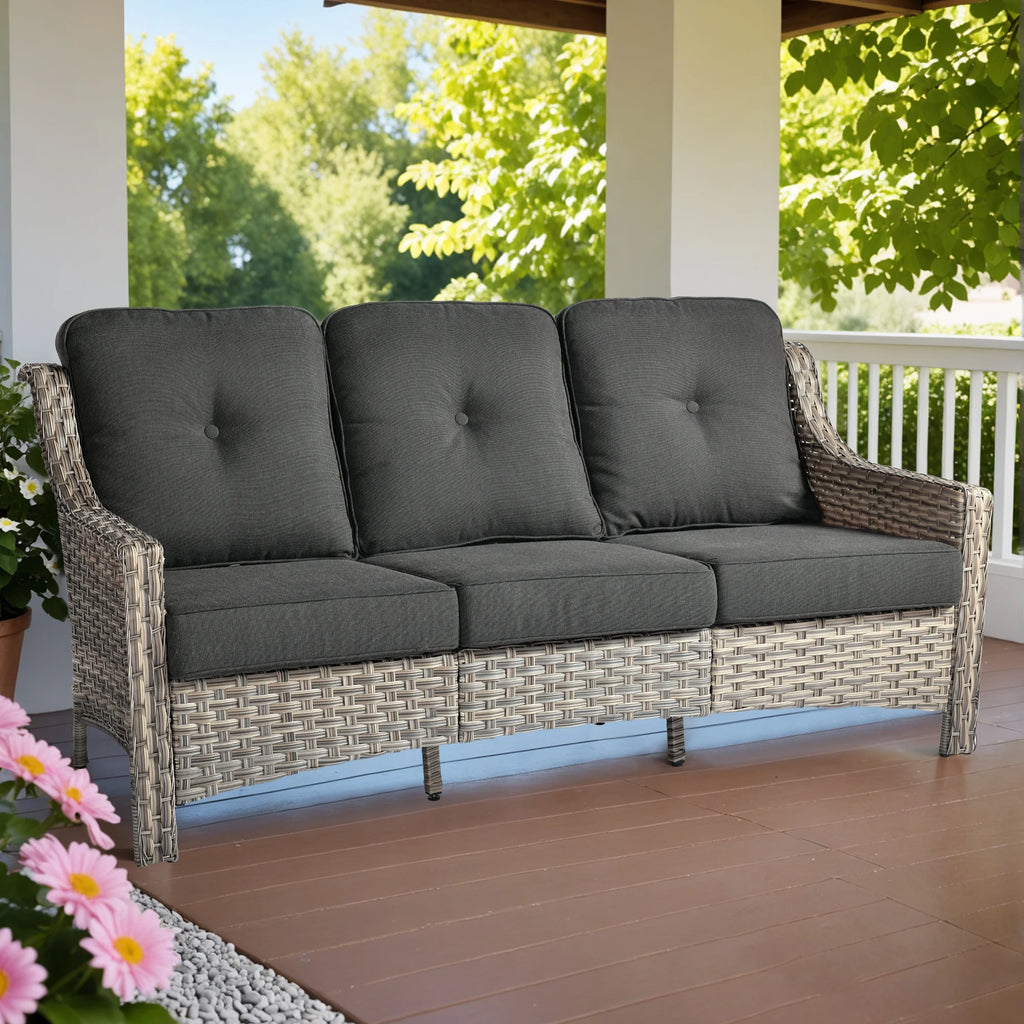 Ovios Outdoor Patio Sofa 3-Seater with Cushions All-Weather Wicker Rattan Couch for Garden, Porch, or Backyard