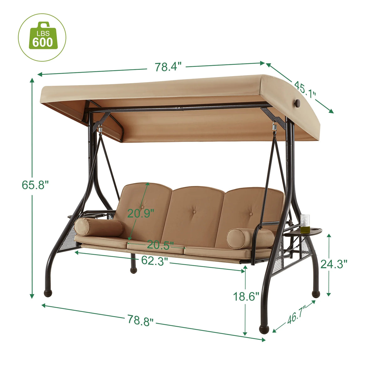 Homrest 3 Seat Outdoor Porch Swing with Adjustable Canopy, Cushions, and Cup Holder - Wine Red