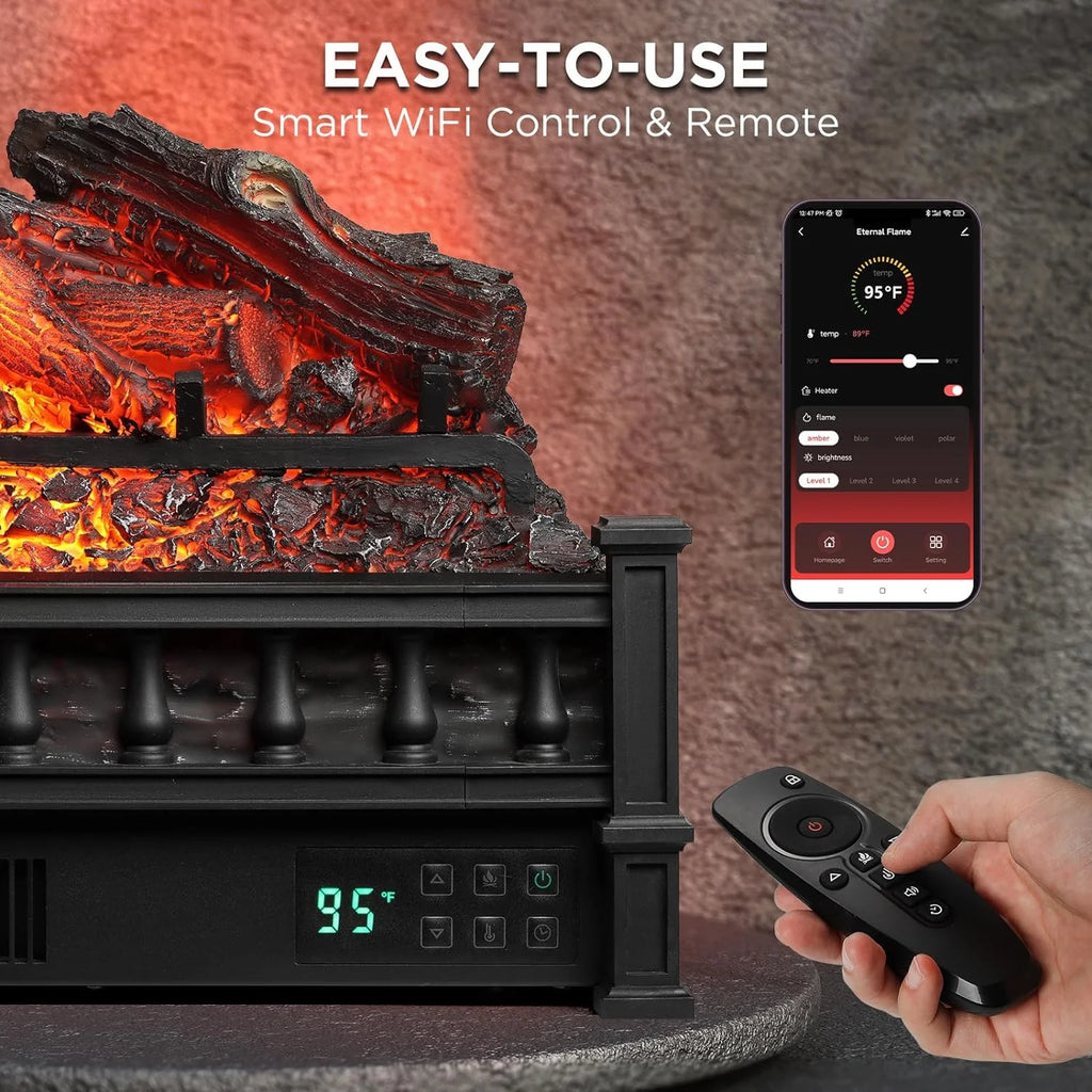 TURBRO Eternal Flame 26 in. WiFi Infrared Quartz Electric Fireplace Log Heater with Sound Crackling, Realistic Pinewood Logs, Adjustable Flame Colors, Remote Control, Thermostat, Timer, 1500W Bronze