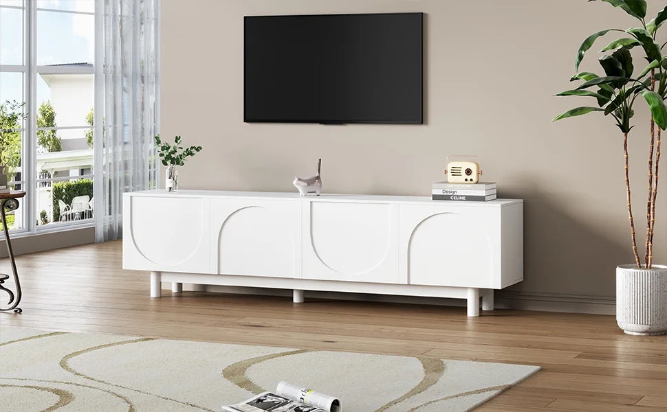 71" Graceful TV Stand with Arch Cabinets Minimalist Media Console for 78" TVs, White Entertainment Center with Solid Wood Legs & Adjustable Shelves