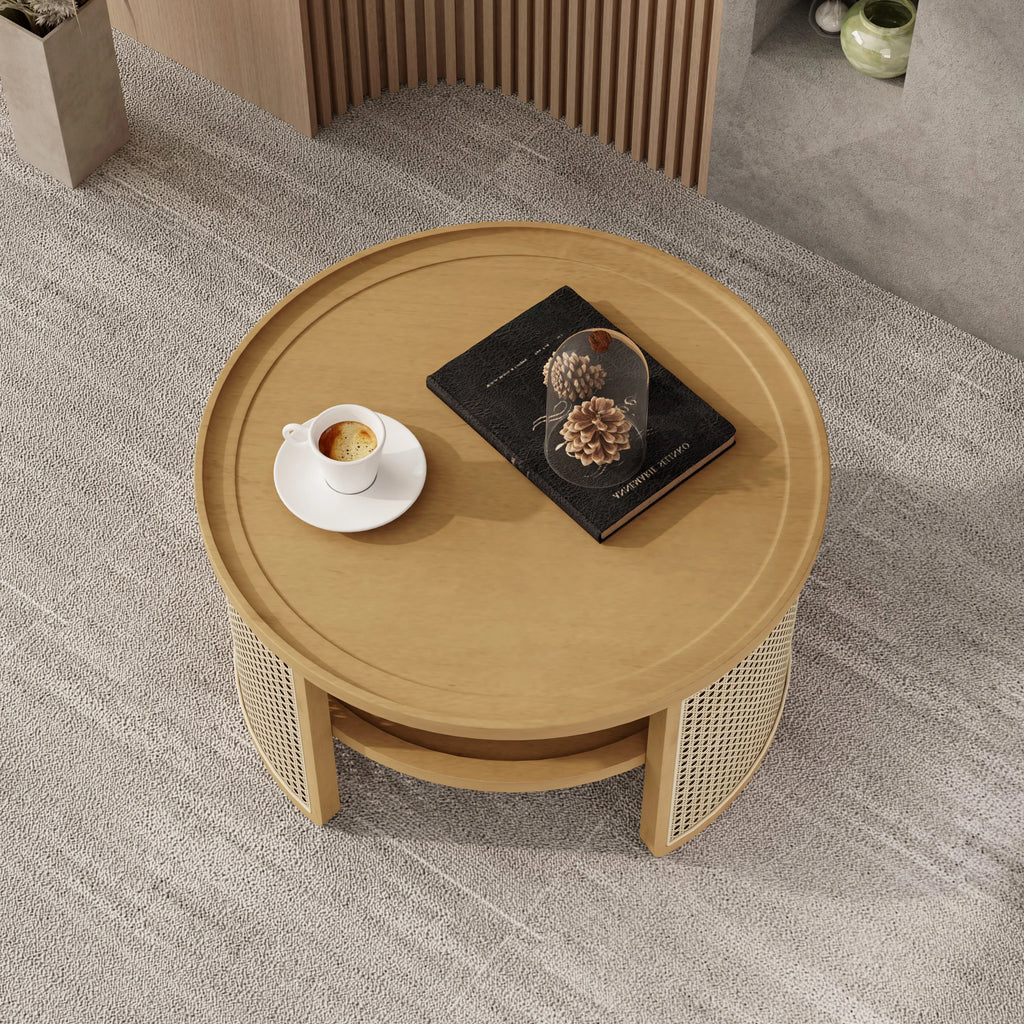 Harper & Bright Designs Rattan Round Coffee Table with Storage Shelf, Round Cane Wood Center Table for Living Room, 37'' Brown