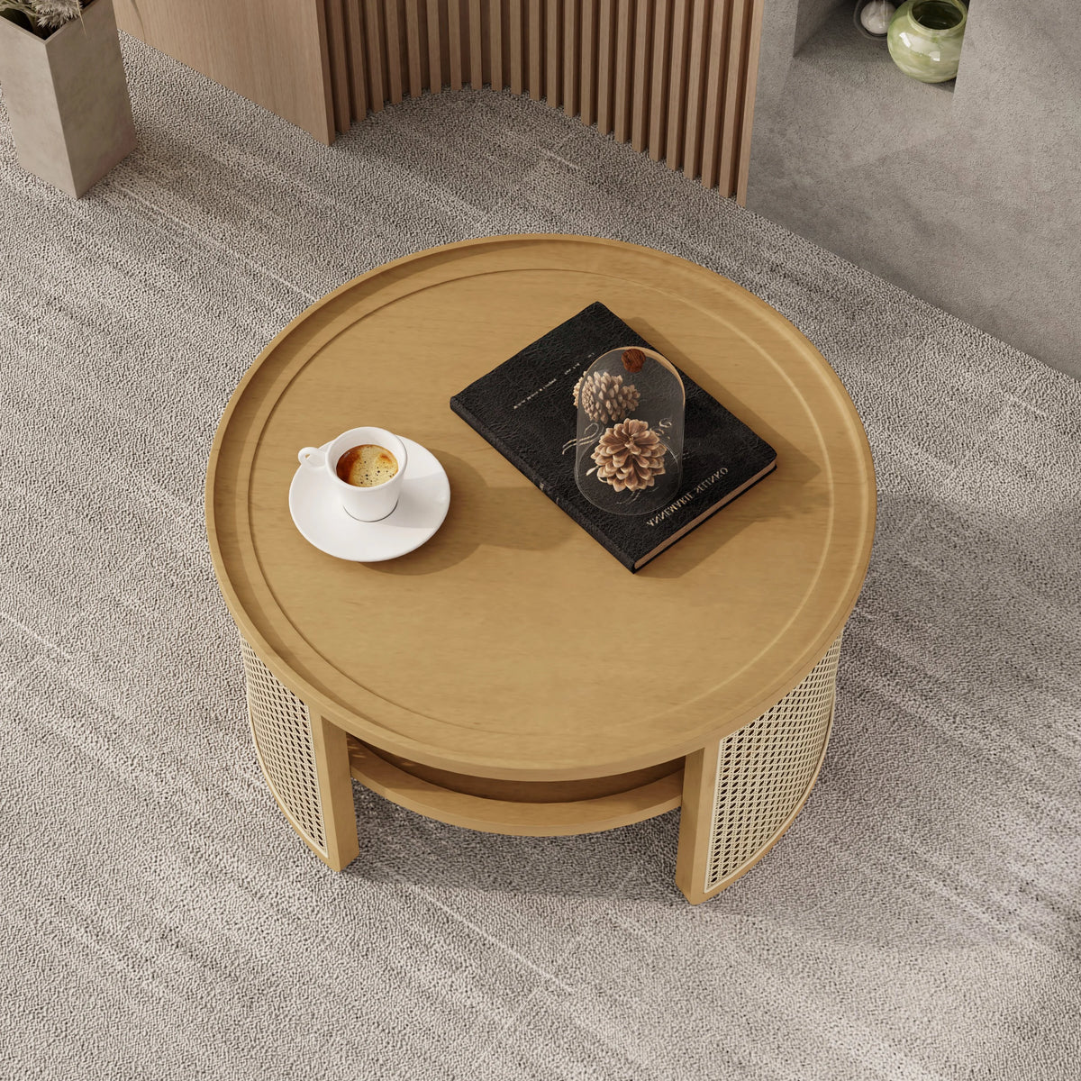 Harper & Bright Designs Rattan Round Coffee Table with Storage Shelf, Round Cane Wood Center Table for Living Room, 37'' Brown