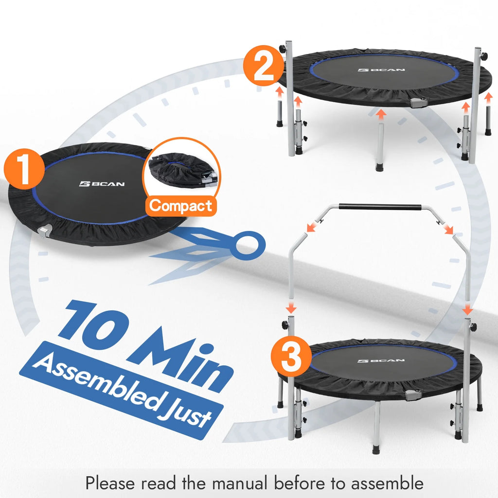 BCAN 40" Foldable Trampoline, Fitness Rebounder with Adjustable Foam Handle, Exercise Trampoline for Adults/kids Indoor/Garden Workout Max Load 330lbs