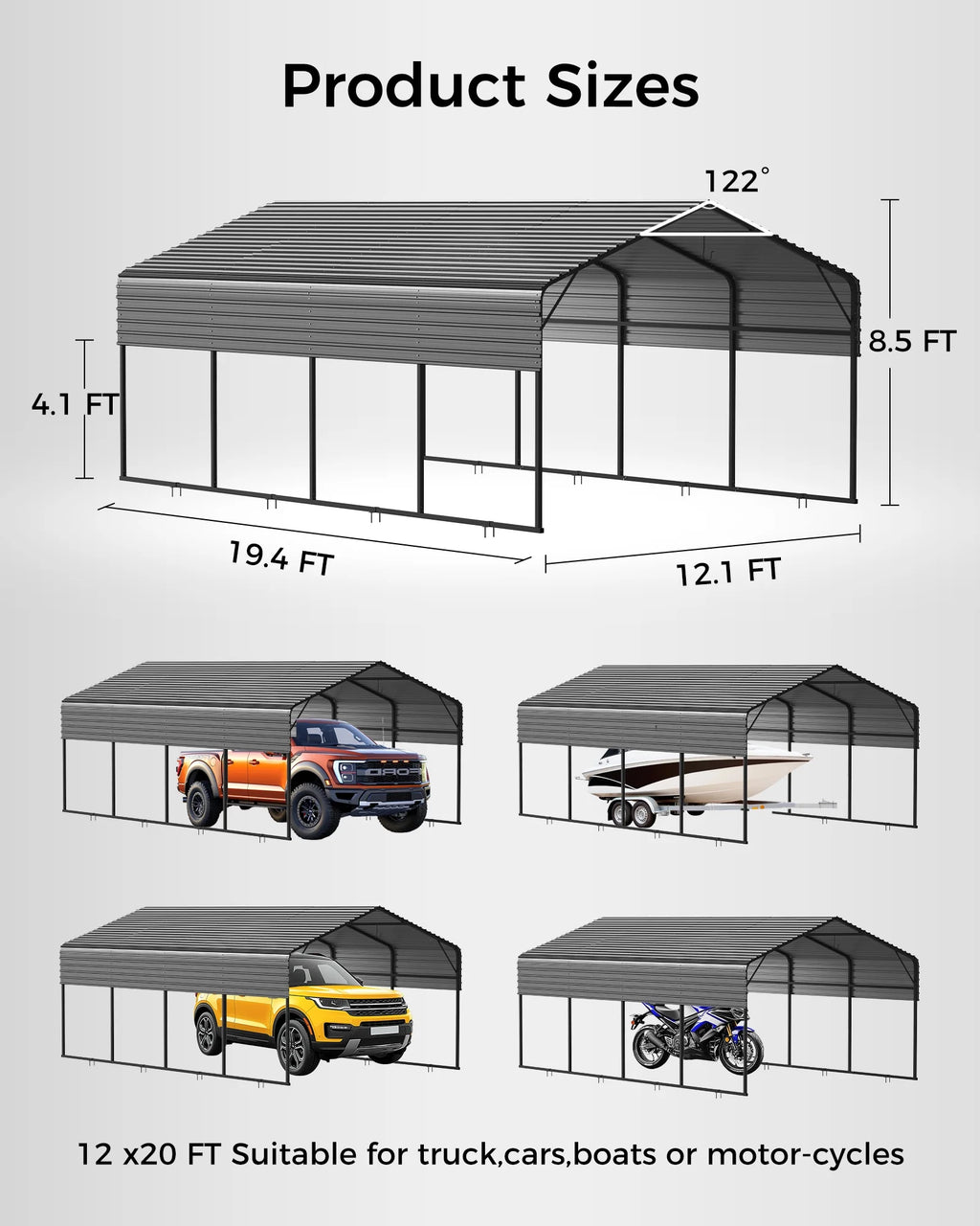 12x20FT Heavy Duty Metal Carport - Galvanized Steel Roof, Reinforced Frame, High Wind & Snow Rating - Shelter for Cars, Trucks, Boats