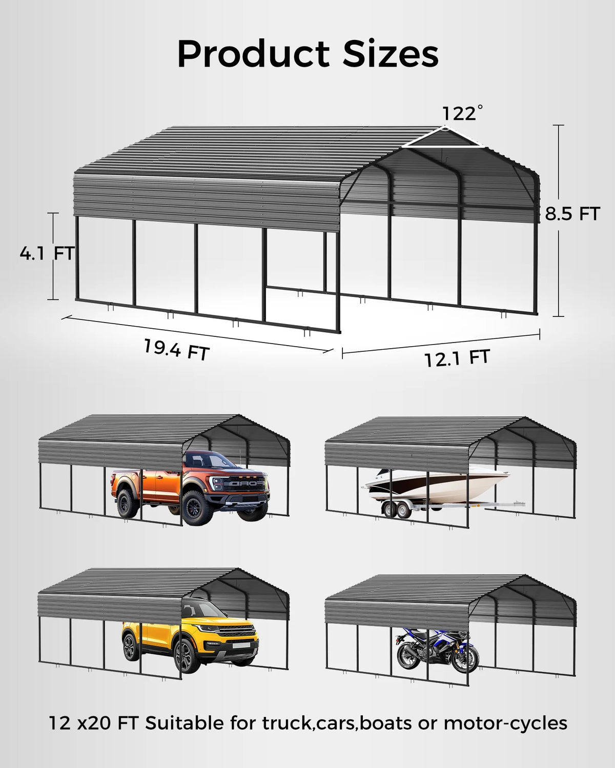 12x20FT Heavy Duty Metal Carport - Galvanized Steel Roof, Reinforced Frame, High Wind & Snow Rating - Shelter for Cars, Trucks, Boats