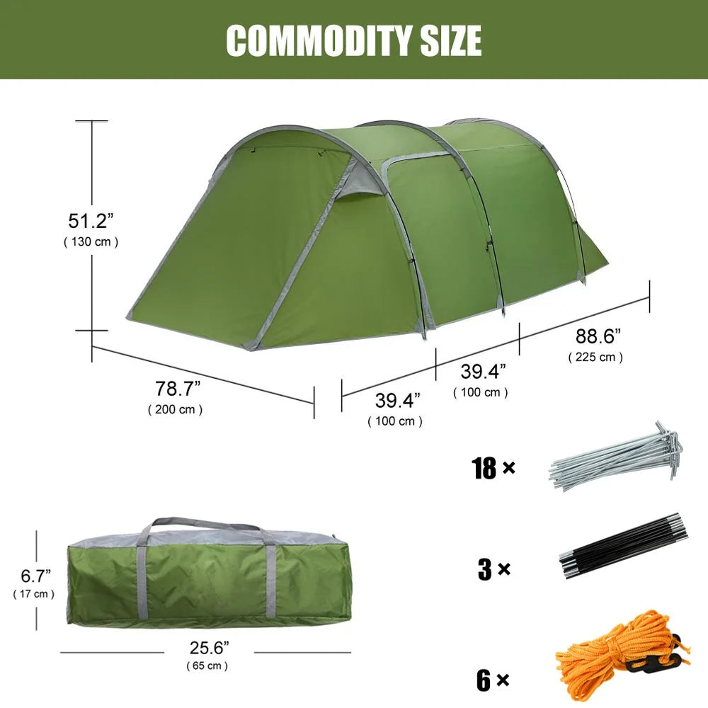 ASTRAEA 4 Person Tents for Camping, Waterproof Camping Tunnel Tent with 2 Divided Rooms for Bikepacking Motorcycle Travel Hiking Mountaineering, Green